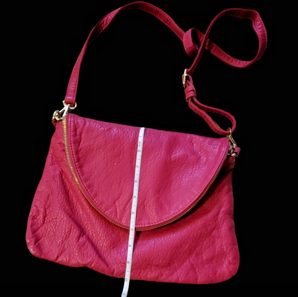 Hot Pink Leather bag.Fold over top zip. 10x13" size. - Picture 5 of 8